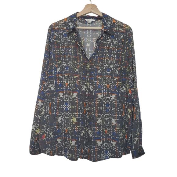 Cabi | Abstract Pattern Sheer Lightweight Button Up Long Sleeve Blouse Top - Picture 1 of 11